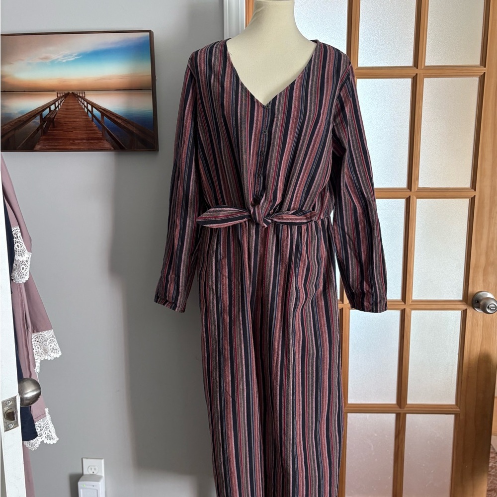 Striped V-Neck Jumpsuit with Tie Waist